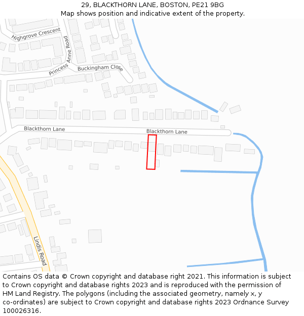 29, BLACKTHORN LANE, BOSTON, PE21 9BG: Location map and indicative extent of plot