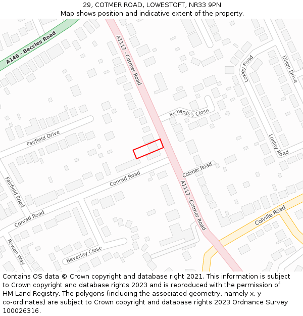 29, COTMER ROAD, LOWESTOFT, NR33 9PN: Location map and indicative extent of plot