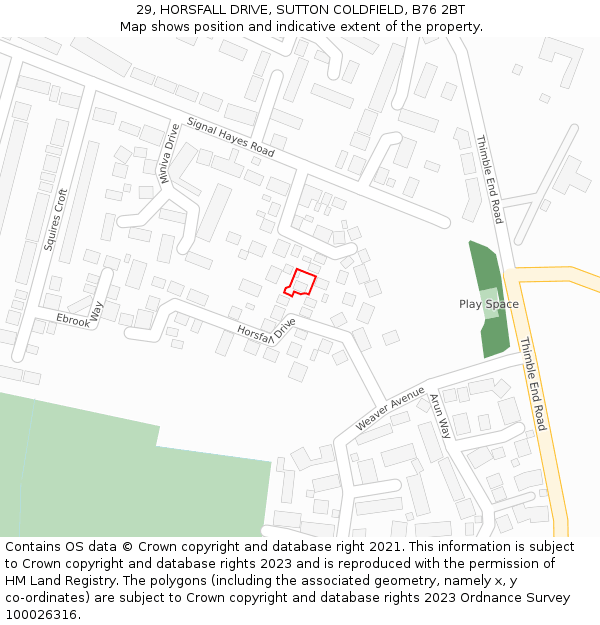 29, HORSFALL DRIVE, SUTTON COLDFIELD, B76 2BT: Location map and indicative extent of plot