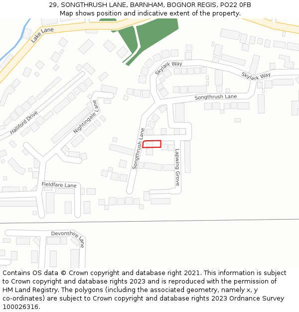 29, SONGTHRUSH LANE, BARNHAM, BOGNOR REGIS, PO22 0FB: Location map and indicative extent of plot