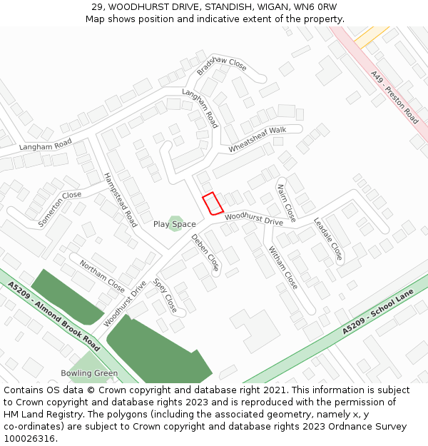 29, WOODHURST DRIVE, STANDISH, WIGAN, WN6 0RW: Location map and indicative extent of plot