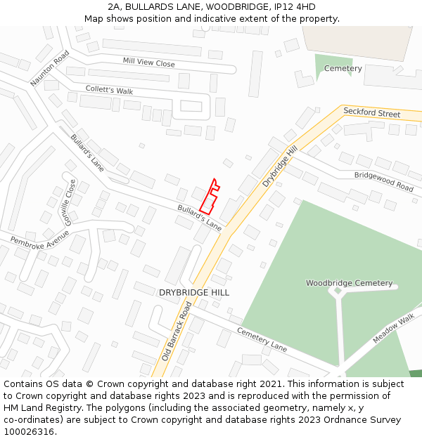 2A, BULLARDS LANE, WOODBRIDGE, IP12 4HD: Location map and indicative extent of plot