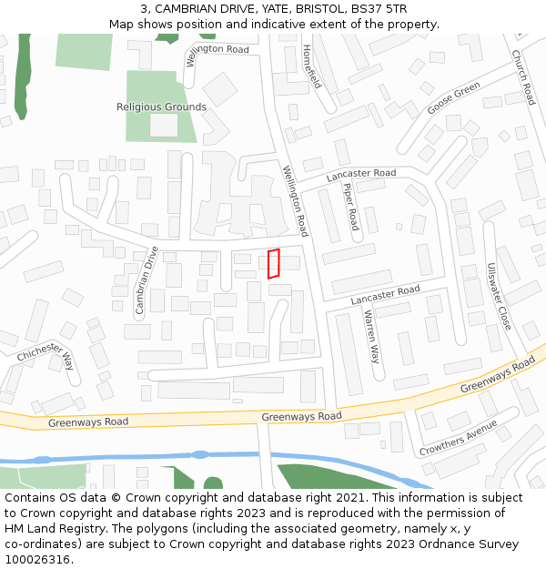 3, CAMBRIAN DRIVE, YATE, BRISTOL, BS37 5TR: Location map and indicative extent of plot