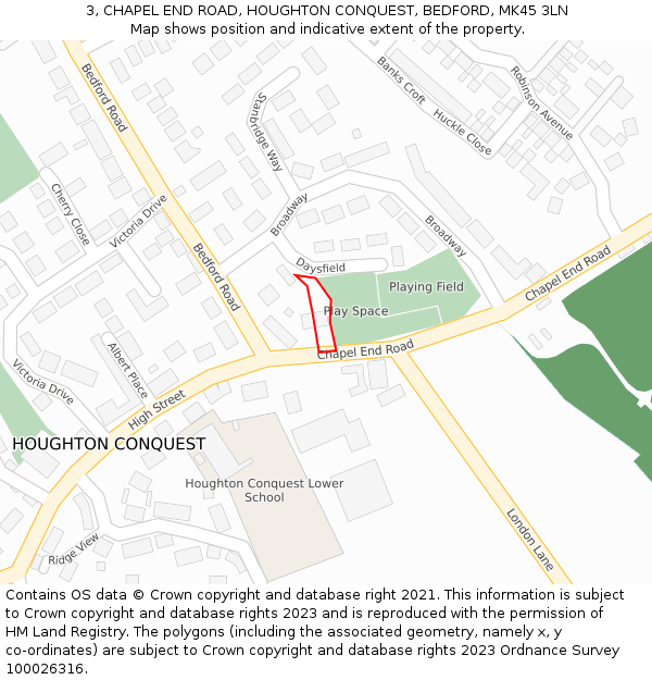 3, CHAPEL END ROAD, HOUGHTON CONQUEST, BEDFORD, MK45 3LN: Location map and indicative extent of plot