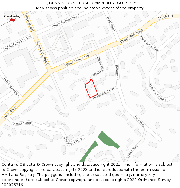 3, DENNISTOUN CLOSE, CAMBERLEY, GU15 2EY: Location map and indicative extent of plot