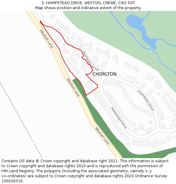 3, HAMPSTEAD DRIVE, WESTON, CREWE, CW2 5GT: Location map and indicative extent of plot