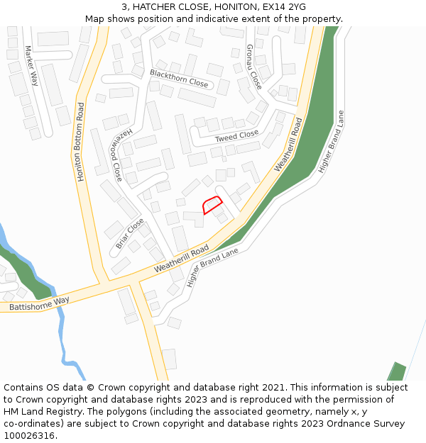 3, HATCHER CLOSE, HONITON, EX14 2YG: Location map and indicative extent of plot