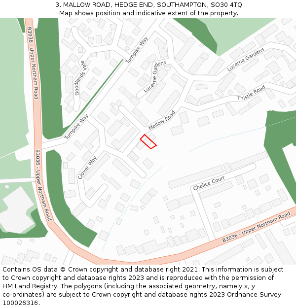 3, MALLOW ROAD, HEDGE END, SOUTHAMPTON, SO30 4TQ: Location map and indicative extent of plot