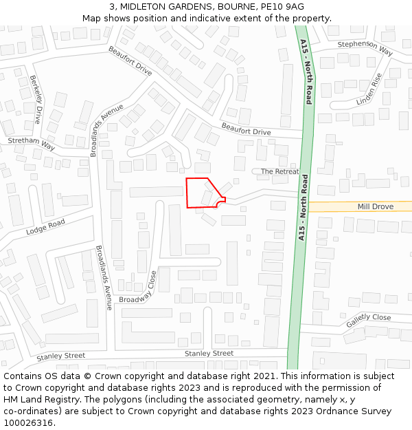 3, MIDLETON GARDENS, BOURNE, PE10 9AG: Location map and indicative extent of plot