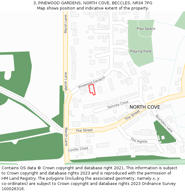 3, PINEWOOD GARDENS, NORTH COVE, BECCLES, NR34 7PG: Location map and indicative extent of plot