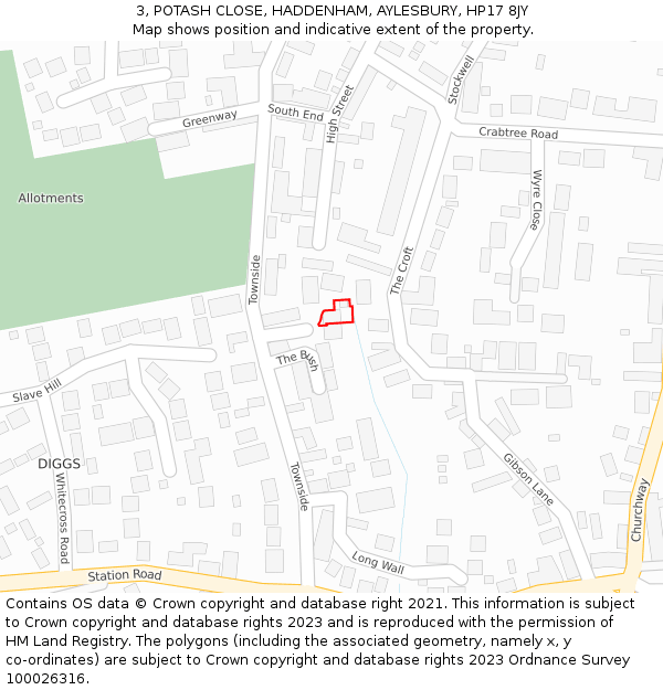 3, POTASH CLOSE, HADDENHAM, AYLESBURY, HP17 8JY: Location map and indicative extent of plot