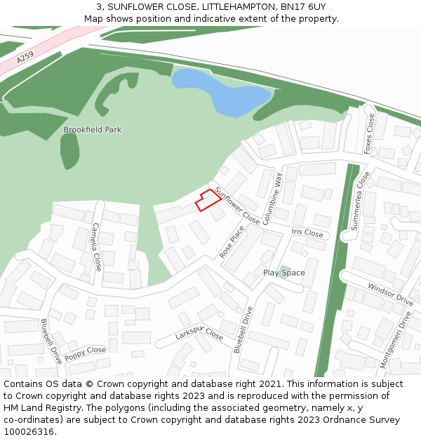 3, SUNFLOWER CLOSE, LITTLEHAMPTON, BN17 6UY: Location map and indicative extent of plot