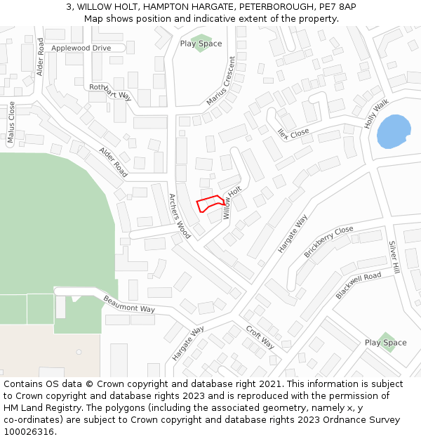 3, WILLOW HOLT, HAMPTON HARGATE, PETERBOROUGH, PE7 8AP: Location map and indicative extent of plot