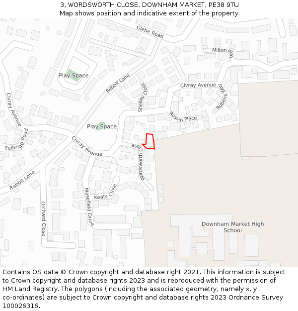 3, WORDSWORTH CLOSE, DOWNHAM MARKET, PE38 9TU: Location map and indicative extent of plot