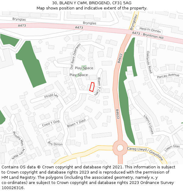 30, BLAEN Y CWM, BRIDGEND, CF31 5AG: Location map and indicative extent of plot