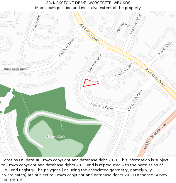 30, KIRKSTONE DRIVE, WORCESTER, WR4 9BS: Location map and indicative extent of plot