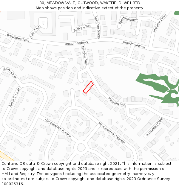 30, MEADOW VALE, OUTWOOD, WAKEFIELD, WF1 3TD: Location map and indicative extent of plot