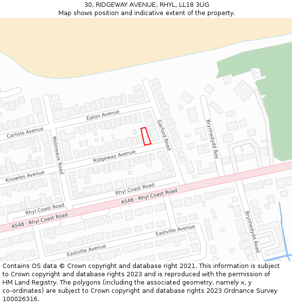 30, RIDGEWAY AVENUE, RHYL, LL18 3UG: Location map and indicative extent of plot