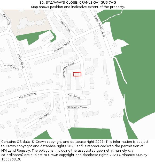 30, SYLVAWAYS CLOSE, CRANLEIGH, GU6 7HG: Location map and indicative extent of plot