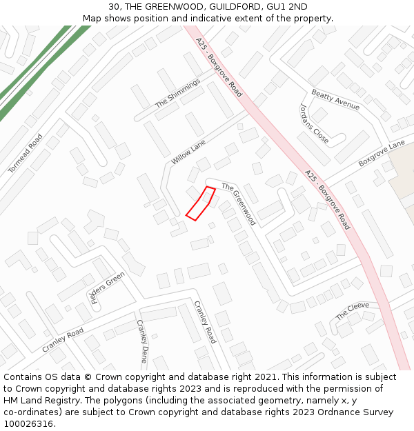 30, THE GREENWOOD, GUILDFORD, GU1 2ND: Location map and indicative extent of plot