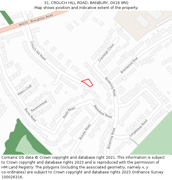 31, CROUCH HILL ROAD, BANBURY, OX16 9RG: Location map and indicative extent of plot