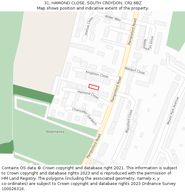 31, HAMOND CLOSE, SOUTH CROYDON, CR2 6BZ: Location map and indicative extent of plot