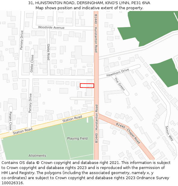 31, HUNSTANTON ROAD, DERSINGHAM, KING'S LYNN, PE31 6NA: Location map and indicative extent of plot