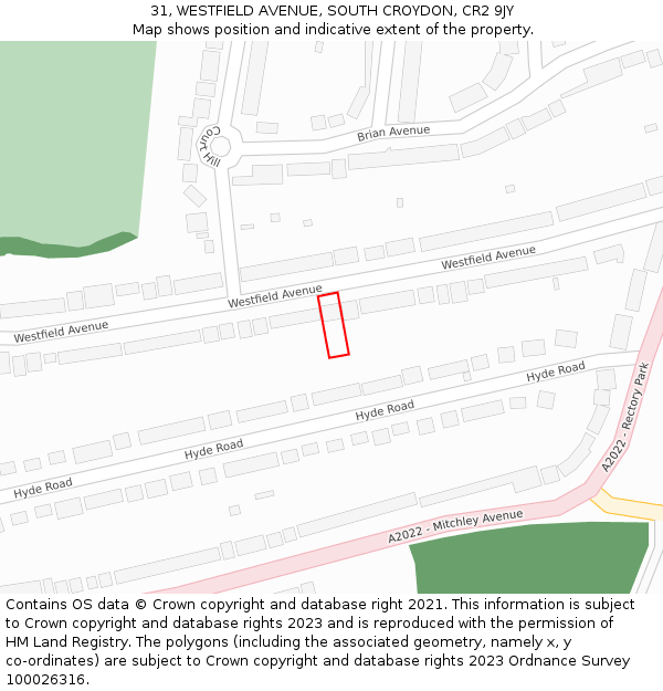 31, WESTFIELD AVENUE, SOUTH CROYDON, CR2 9JY: Location map and indicative extent of plot