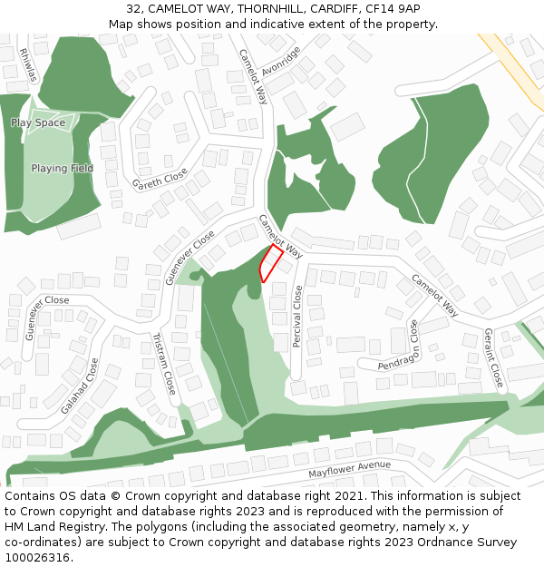 32, CAMELOT WAY, THORNHILL, CARDIFF, CF14 9AP: Location map and indicative extent of plot