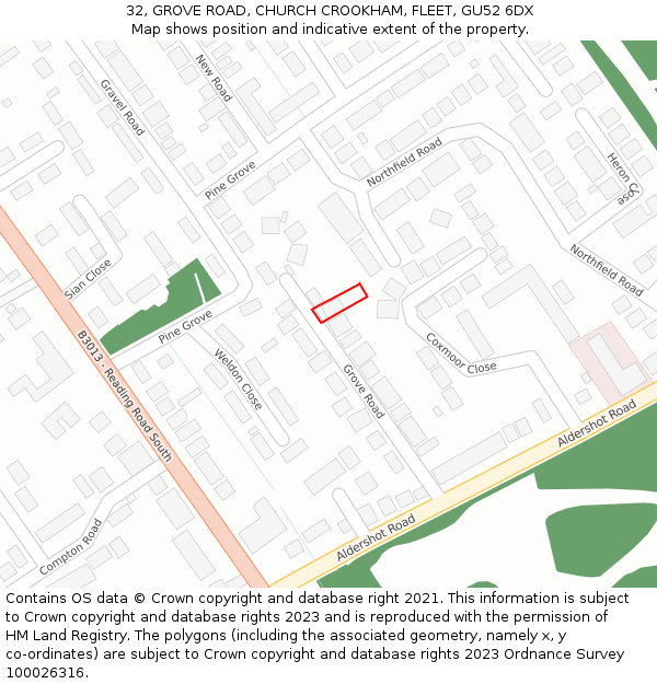 32, GROVE ROAD, CHURCH CROOKHAM, FLEET, GU52 6DX: Location map and indicative extent of plot