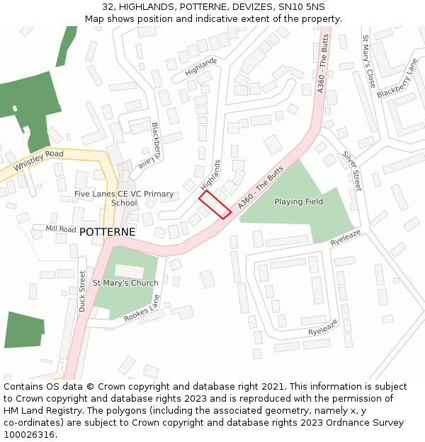 32, HIGHLANDS, POTTERNE, DEVIZES, SN10 5NS: Location map and indicative extent of plot