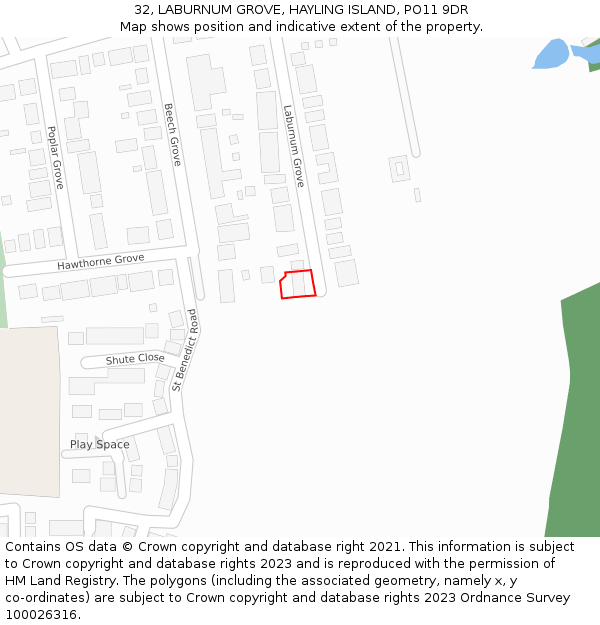 32, LABURNUM GROVE, HAYLING ISLAND, PO11 9DR: Location map and indicative extent of plot