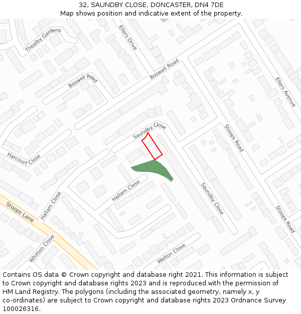 32, SAUNDBY CLOSE, DONCASTER, DN4 7DE: Location map and indicative extent of plot