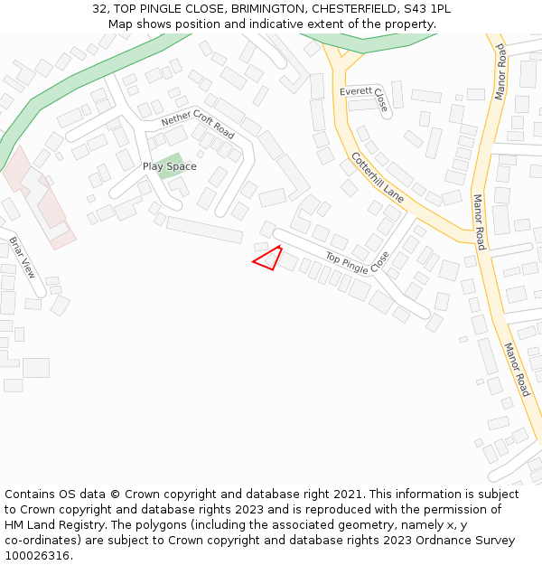 32, TOP PINGLE CLOSE, BRIMINGTON, CHESTERFIELD, S43 1PL: Location map and indicative extent of plot