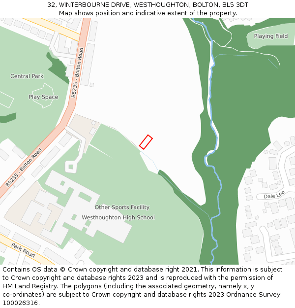 32, WINTERBOURNE DRIVE, WESTHOUGHTON, BOLTON, BL5 3DT: Location map and indicative extent of plot