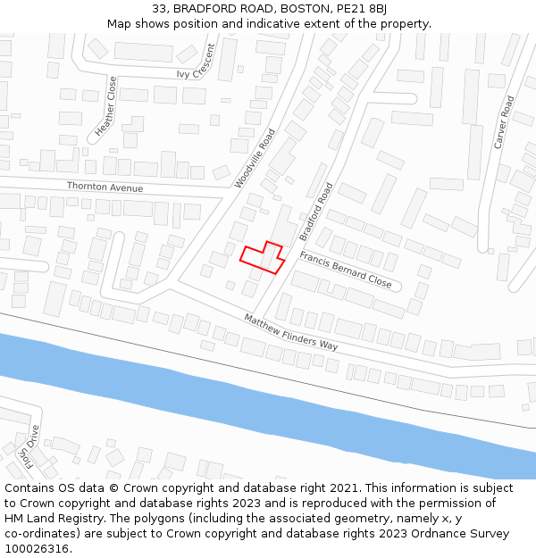 33, BRADFORD ROAD, BOSTON, PE21 8BJ: Location map and indicative extent of plot