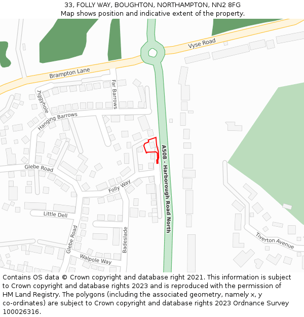 33, FOLLY WAY, BOUGHTON, NORTHAMPTON, NN2 8FG: Location map and indicative extent of plot