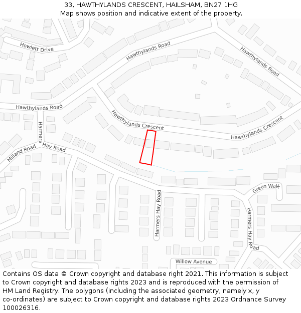 33, HAWTHYLANDS CRESCENT, HAILSHAM, BN27 1HG: Location map and indicative extent of plot