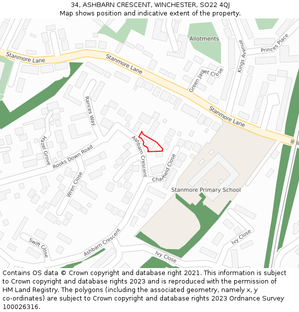 34, ASHBARN CRESCENT, WINCHESTER, SO22 4QJ: Location map and indicative extent of plot