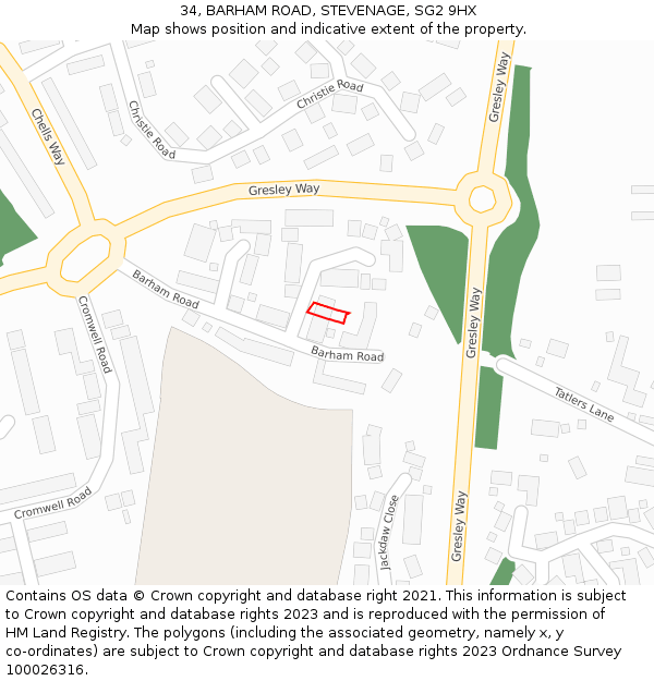 34, BARHAM ROAD, STEVENAGE, SG2 9HX: Location map and indicative extent of plot