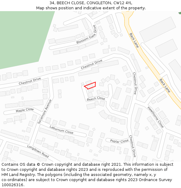 34, BEECH CLOSE, CONGLETON, CW12 4YL: Location map and indicative extent of plot