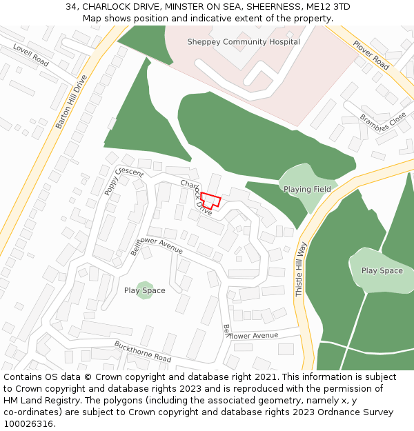 34, CHARLOCK DRIVE, MINSTER ON SEA, SHEERNESS, ME12 3TD: Location map and indicative extent of plot