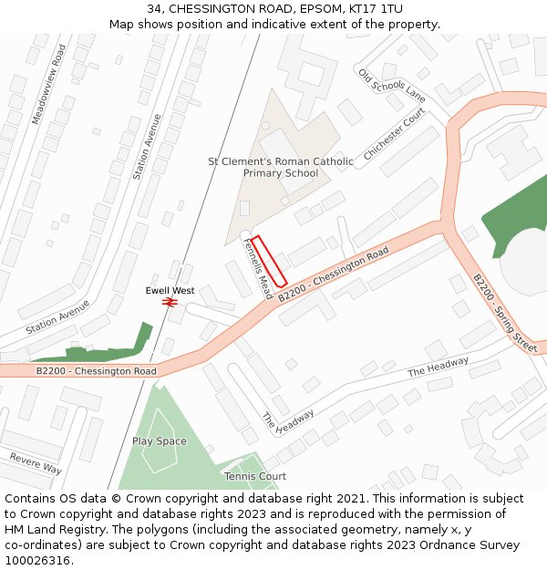 34, CHESSINGTON ROAD, EPSOM, KT17 1TU: Location map and indicative extent of plot