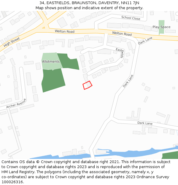 34, EASTFIELDS, BRAUNSTON, DAVENTRY, NN11 7JN: Location map and indicative extent of plot