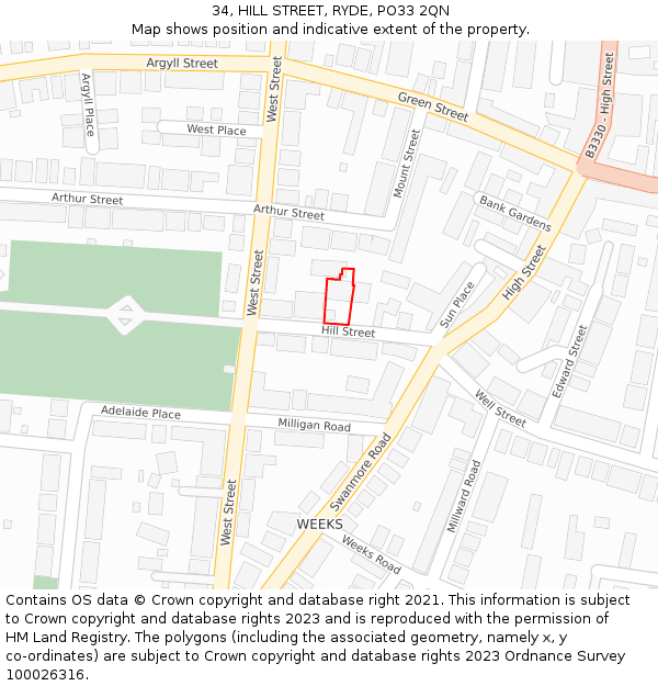 34, HILL STREET, RYDE, PO33 2QN: Location map and indicative extent of plot