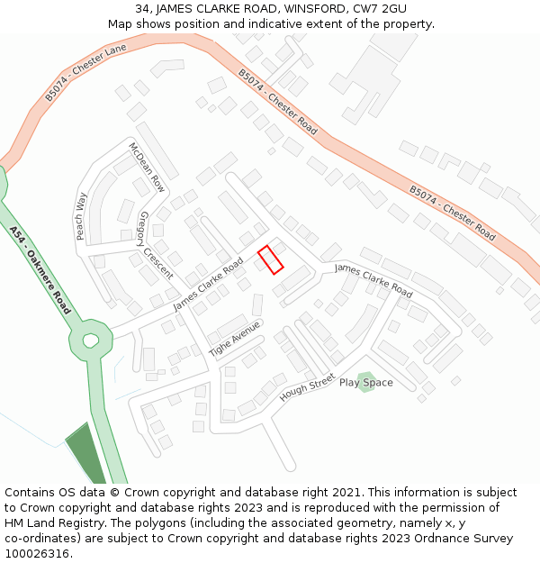 34, JAMES CLARKE ROAD, WINSFORD, CW7 2GU: Location map and indicative extent of plot