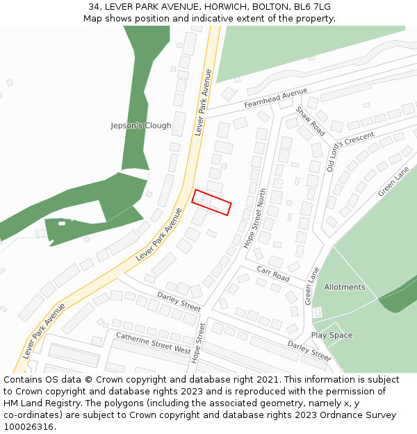 34, LEVER PARK AVENUE, HORWICH, BOLTON, BL6 7LG: Location map and indicative extent of plot