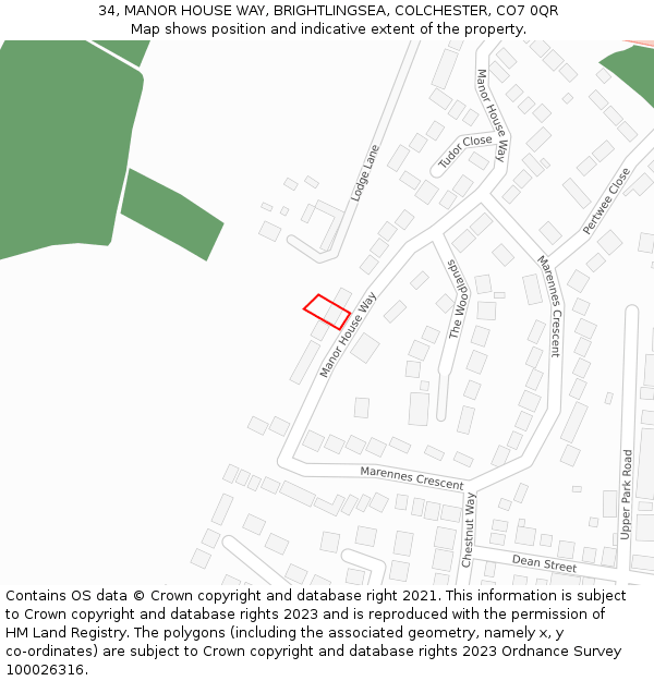 34, MANOR HOUSE WAY, BRIGHTLINGSEA, COLCHESTER, CO7 0QR: Location map and indicative extent of plot