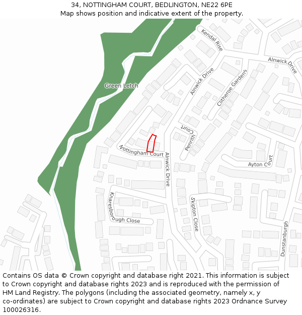 34, NOTTINGHAM COURT, BEDLINGTON, NE22 6PE: Location map and indicative extent of plot