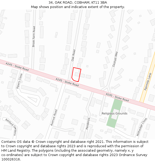 34, OAK ROAD, COBHAM, KT11 3BA: Location map and indicative extent of plot